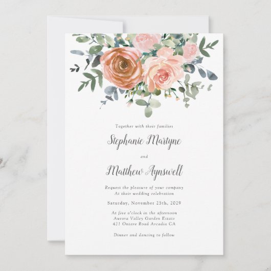 Dusty Coral Eukalyptus Botanische Hochzeit Einladung (Vorderseite)