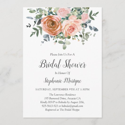 Dusty Coral Eukalyptus Botanisches Brautparty Einladung (Vorderseite)