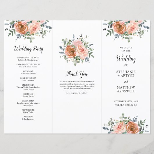 Dusty Coral Eukalyptus Order of Service Wedding (Vorderseite)