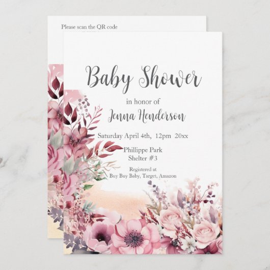 Dusty Coral QR Code Kinderdusche Einladung (Vorne/Hinten)