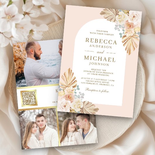 Dusty Earthy Floral Arch QR Code Foto Wedding Einladung
