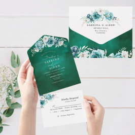 Dusty Emerald Green White Floral Wedding All In One Einladung