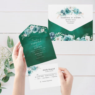 Dusty Emerald Green White Floral Wedding All In One Einladung