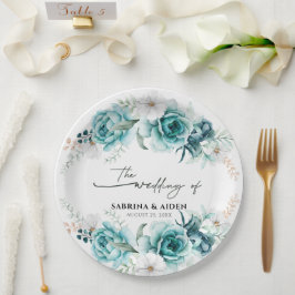 Dusty Emerald Green White Floral Wedding Pappteller