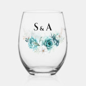 Dusty Emerald Green White Floral Wedding Weinglas Ohne Stiel (Vorderseite)