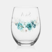 Dusty Emerald Green White Floral Wedding Weinglas Ohne Stiel (Rückseite)