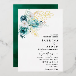 Dusty Emerald Greenery White Floral Wedding Folieneinladung