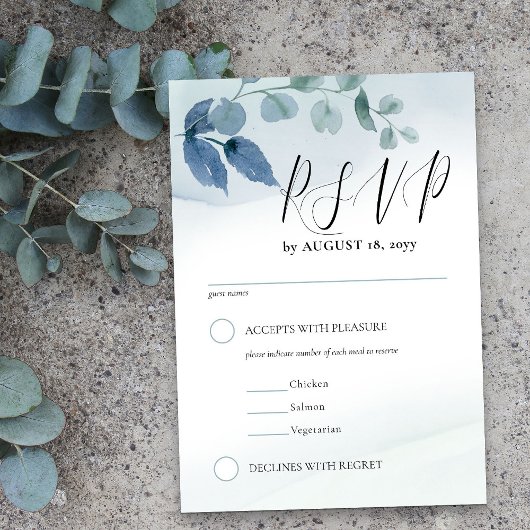 Dusty Eucalyptus Watercolor Foliage Entrée Choices RSVP Karte