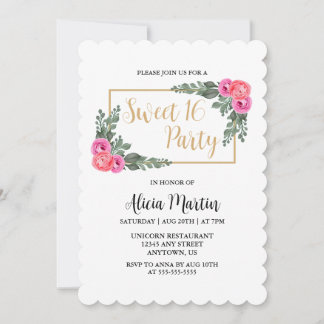 Dusty Flora Pink Rose Grüne Gold Sweet 16 Einladung