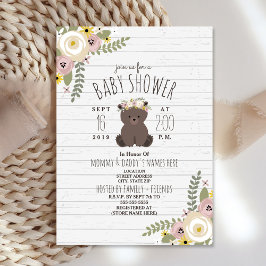 Dusty Floral Boho Bear Gray Wood Baby Dusche Einladung