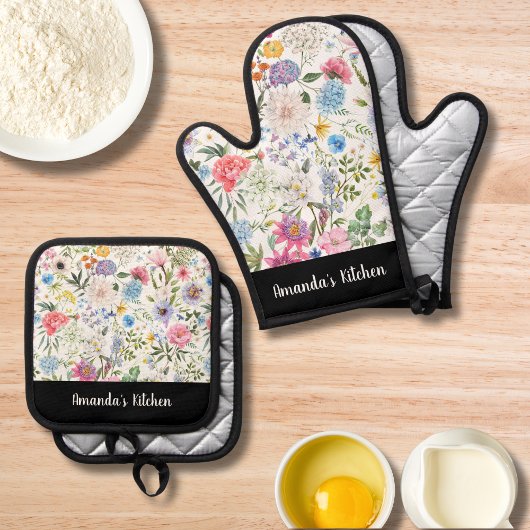 Dusty Floral Greenary Script Personalisiertes Gesc Ofenhandschuh & Topflappen-Set
