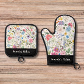 Dusty Floral Greenary Script Personalisiertes Gesc Ofenhandschuh & Topflappen-Set