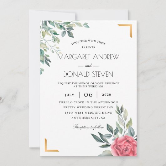 Dusty Floral mit goldenem geometrischem Rahmen Hoc Einladung (Vorderseite)