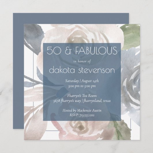 Dusty Floral | Smoky Blue Cream Fabulous 50 Party Einladung (Vorne/Hinten)
