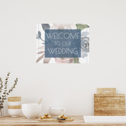 Dusty Floral | Smoky Blue Pastel Wedel Welcome Poster (Küche)