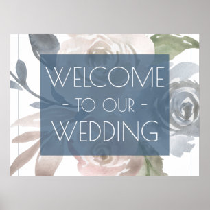 Dusty Floral Smoky Blue Pastel Wedel Welcome Poster