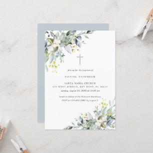 Dusty Florals Soft Gray Baptism Einladung