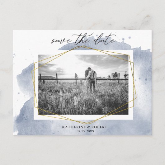 Dusty Gold und Blue | Foto Save the Date Postkarte (Vorderseite)
