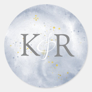 Dusty Gold und Blue Watercolor Wedding Monogram Runder Aufkleber