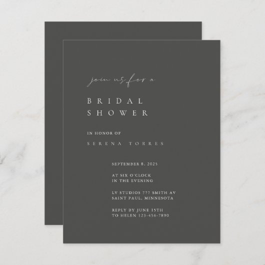 Dusty Gray Minimalistisch Bridal Dusche Einladung (Vorne/Hinten)