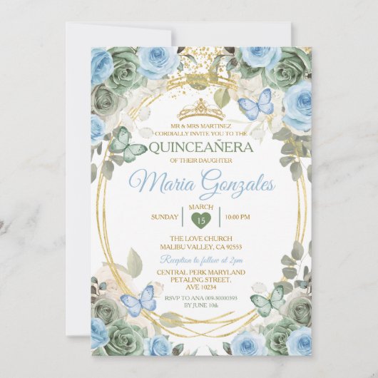 Dusty Green And Dusty Blue Floral Gold Quinceañera Einladung (Vorderseite)
