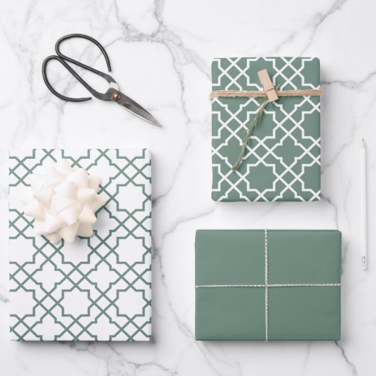 Dusty Green Arabesque Muster Geschenkpapier (Vorderseite)