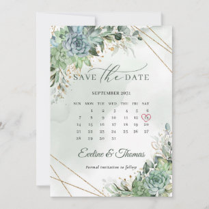 Dusty green blue succulcules gold Save the Date