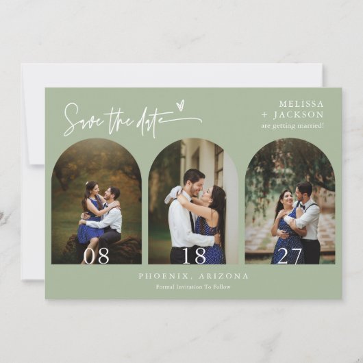 Dusty Green Boho Arch Foto QR-Code Save the Date Einladung (Vorderseite)