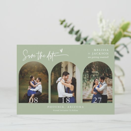 Dusty Green Boho Arch Foto QR-Code Save the Date Einladung (Stehend Vorderseite)