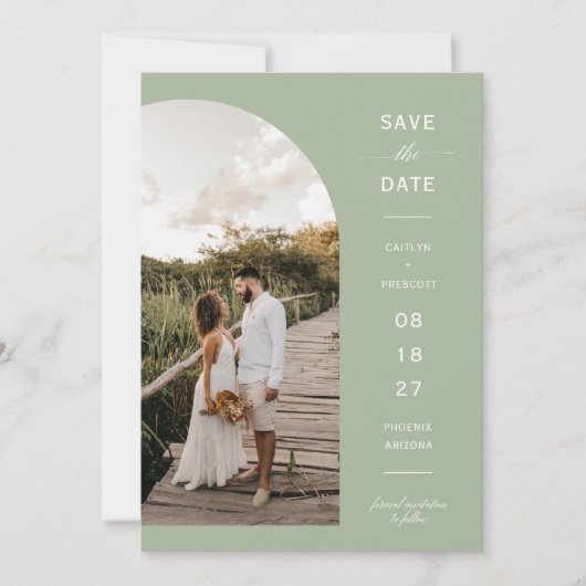 Dusty Green Boho Arch Foto QR-Code Save the Date Einladung (Vorderseite)