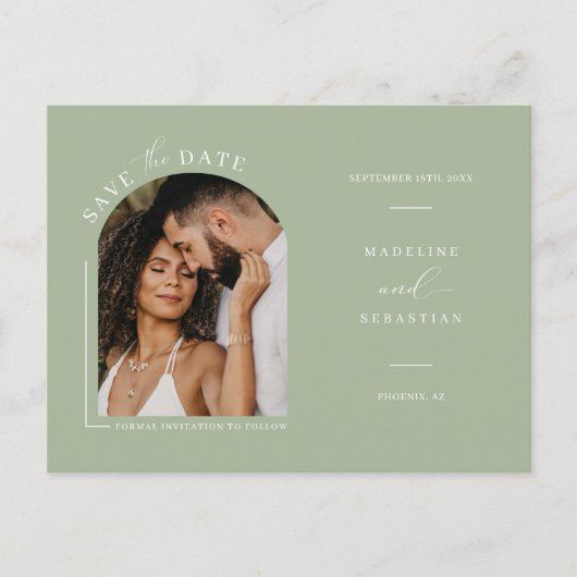 Dusty Green Boho Arch Foto QR-Code Save the Date Postkarte (Vorderseite)