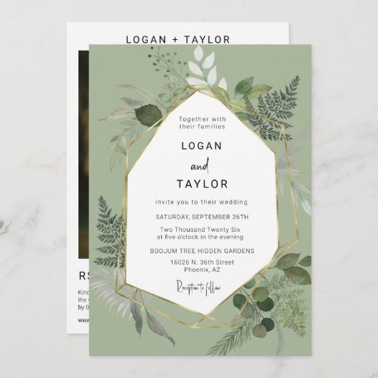 Dusty Green Botanical Greenerity Gold QR Code Foto Einladung (Vorne/Hinten)