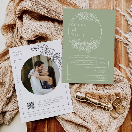 Dusty Green Botanical Line Art Boho QR Code Foto Einladung
