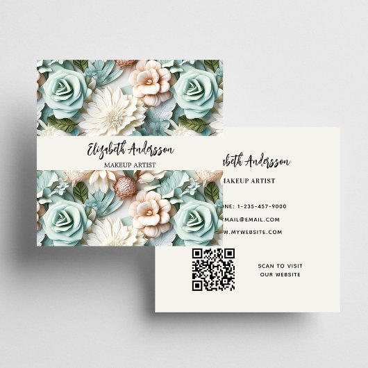 Dusty Green Creme Florals Foto QR Logo Quadratische Visitenkarte