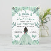 Dusty Green Dress Dark Skin Princess Sweet 16 Einladung (Stehend Vorderseite)