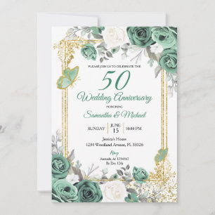 Dusty Green Floral Gold 50. Hochzeitstag Einladung