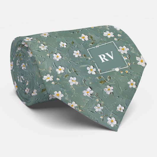 Dusty Green Floral Monogram Krawatte (Gerollt)