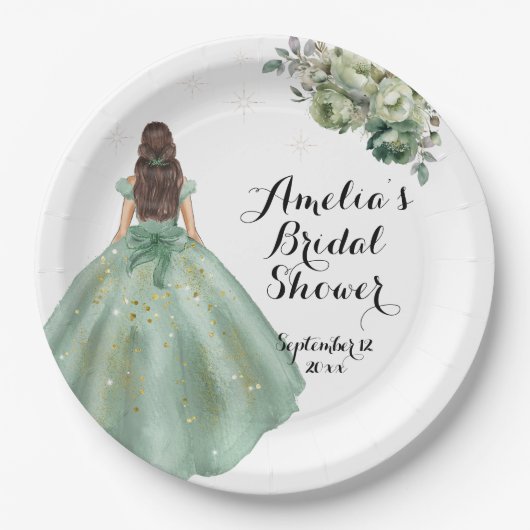 Dusty Green Gold Glitzer Dress Brautparty Pappteller (Vorderseite)