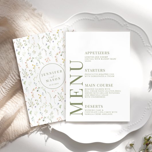 Dusty Green Meadow Blume Hochzeitmenükarten Begleitkarte