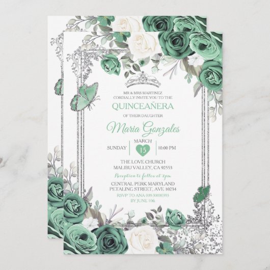 Dusty Green Mexican Charra Mis Quince Butterfly Einladung (Vorne/Hinten)