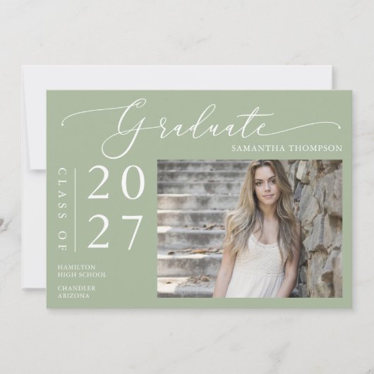 Dusty Green Minimal Script School Abschluss Foto Einladung (Vorderseite)