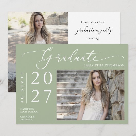Dusty Green Minimal Script School Abschluss Foto Einladung (Vorne/Hinten)