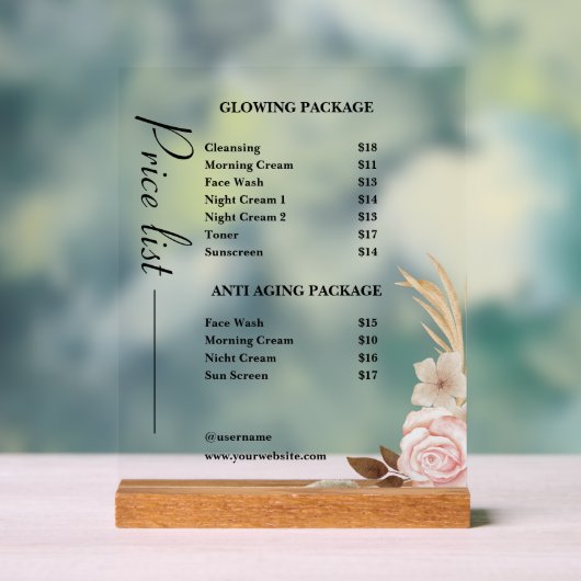 Dusty Green Minimalistisch Skincare Price List Acrylschild (Neutral)