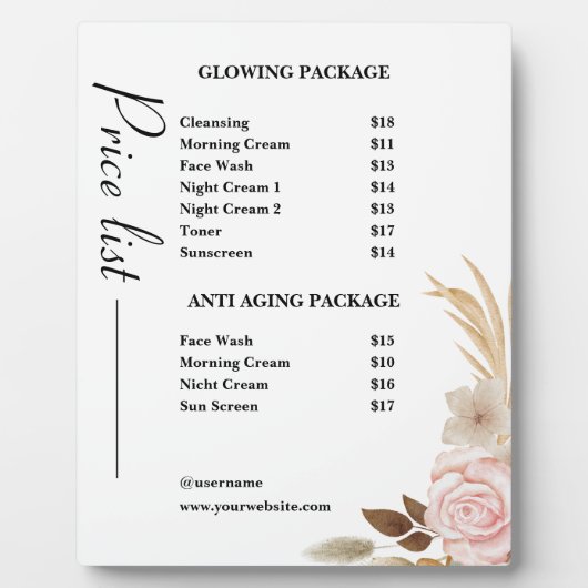 Dusty Green Minimalistisch Skincare Price List Fotoplatte (Vorderseite)