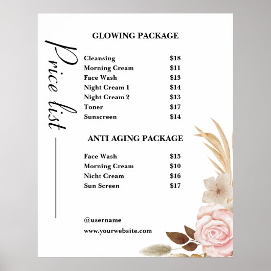 Dusty Green Minimalistisch Skincare Price List Poster (Vorne)