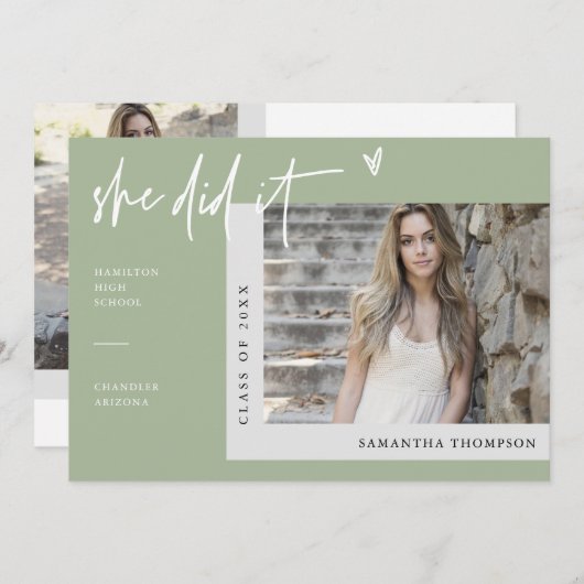 Dusty Green Modern Boho Sie tat es Grand Foto Einladung (Vorne/Hinten)