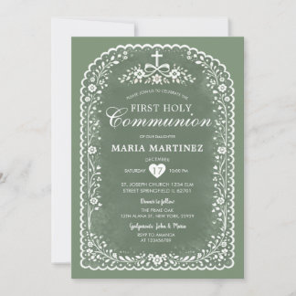 Dusty Green Papel Picado First Holy Communion Einladung