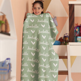 Dusty Green Personalisiert Name Blanket mit Herz Fleecedecke