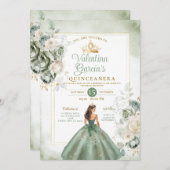 Dusty Green Quinceañera 15 Anos Gold Crown Einladung (Vorne/Hinten)