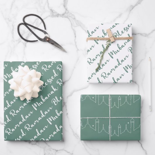 Dusty Green Ramadan Calligraphy Masjid Pattern Geschenkpapier Set (Vorderseite)